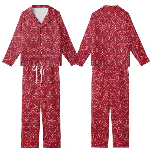 Ruby Red Hearts Motif: Delicate Outlines, Elegant Intertwined White Lines Pattern Kid Satin Pajamas Set