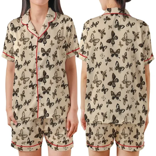 Elegant Style: Delicate Floating Butterflies – Muted Earth Tone Brown & Sepia Wing Motif Satin Short-Sleeve Pajamas Set