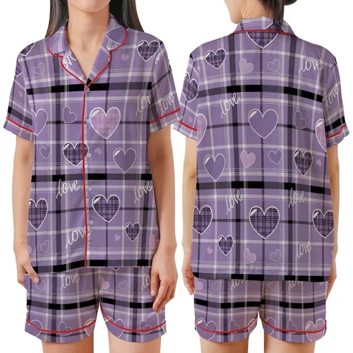 Romantic Lavender Purple Tartan Plaid Love Hearts Script Graphic Wear Satin Short-Sleeve Pajamas Set