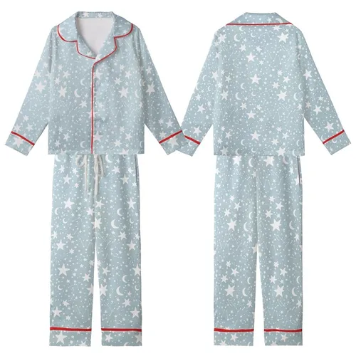 Stargazer's Minimalist White Stars & Moon Pattern - Blue-Grey Celestial Loungewear Kid Satin Pajamas Set