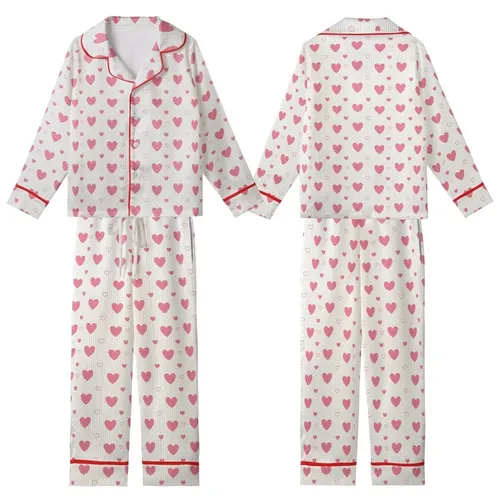 Women's Soft Rose Pink Hearts, Delicate Outlines & Vibrant Polka Dots on Subtle Pinstripe Satin Short-Sleeve Pajamas Set