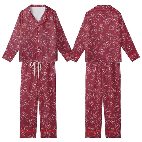 Teddy Bear Lover: Minimalist Outline X-Eyed Bear Repeating Design with Light Blue Nose on Deep Burgundy Wearable Art Piece Kid Satin Pajamas Set