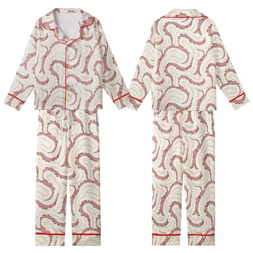 Feminine Style: Soft Plush Undulating Ribbed Texture with Fluid Ruffle Accents - Cream, Rose, Mauve Hues Satin Short-Sleeve Pajamas Set