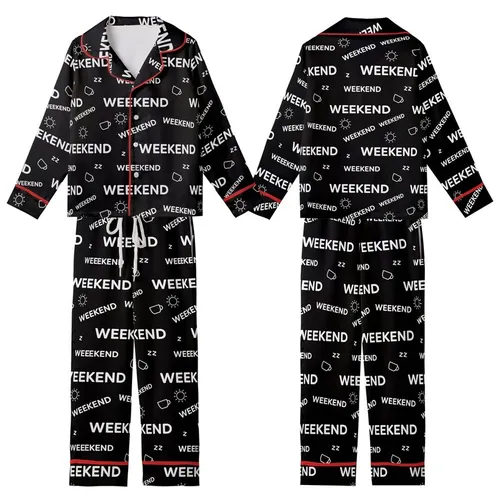 Weekend Lover: Scattered Typographic 'WEEKEND' Pattern with Leisure Icons - Black & White Motif Kid Satin Pajamas Set