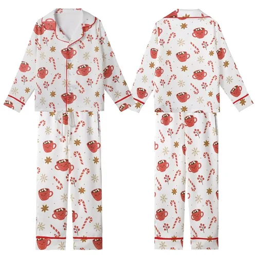 Festive Winter Charm: Pure White Candy Cane Cocoa Mug Berry Anise Snowflake Loungewear Kid Satin Pajamas Set