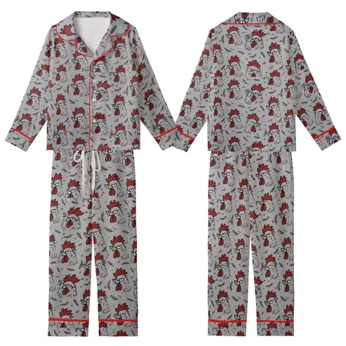 Grumpy Rooster All-Over Design: Sketchy Red & Black Fowl Heads Satin Short-Sleeve Pajamas Set