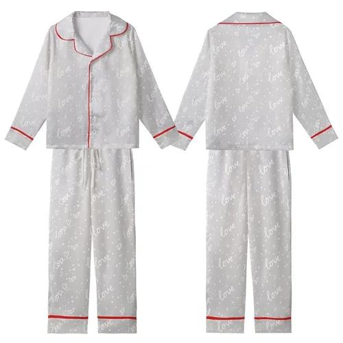 Kindred Spirit's Heather Grey Cursive Love Script Hand-drawn Heart Dot Casual Top Kid Satin Pajamas Set