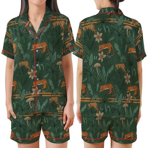 Nature Lover's Vintage Forest Green Jungle: Orange Black Tiger Leopard & Butterfly Motif - Unique Design Satin Short-Sleeve Pajamas Set