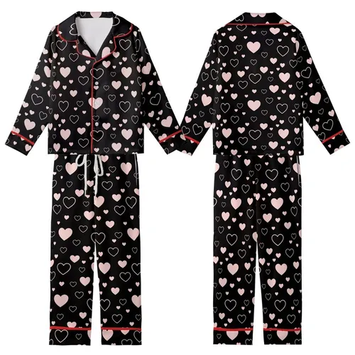 Love-Themed Scattered Light Pink Hearts Solid & Outline on Black Wearable Satin Short-Sleeve Pajamas Set