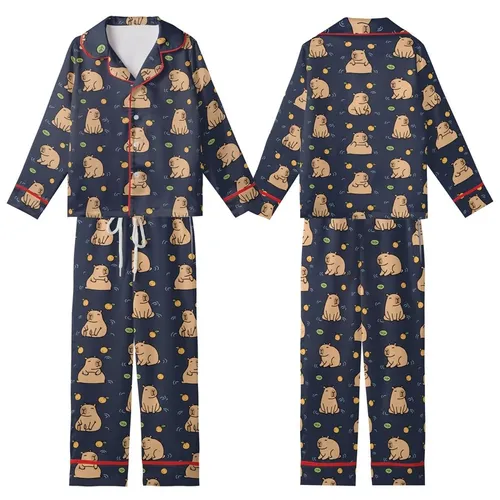 Capybara Lover: Playful Cartoon Capybara Towers & Floating Friends on Dark Navy with Fruits & Lily Pads Wearable Design Kid Satin Pajamas Set