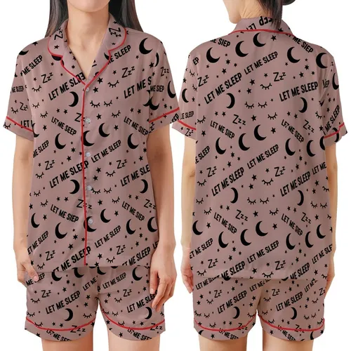 Cozy Dreamer's Dusty Rose 'LET ME SLEEP' Moons Stars Zzz Eyes Pattern Satin Short-Sleeve Pajamas Set