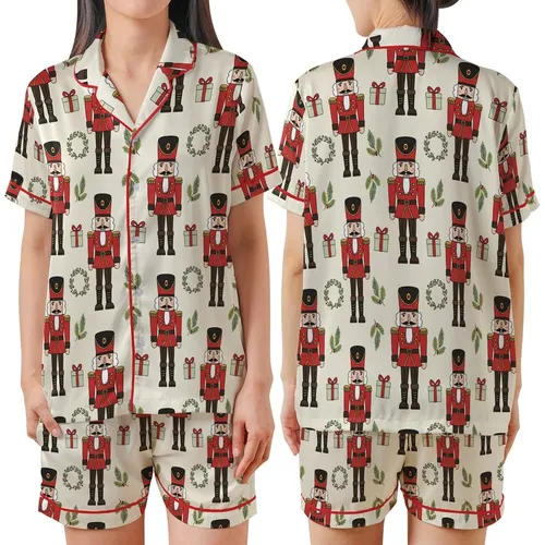 Classic Christmas: Whimsical Nutcracker, Holly, Pine, & Red Gift Winter Pullover Satin Short-Sleeve Pajamas Set