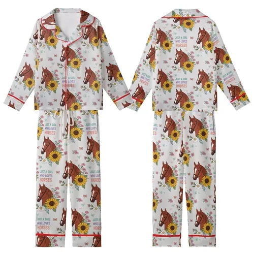Just a Girl Who Loves Horses: Red Horse Head Floral Butterfly Pattern on Heather Grey Kid Satin Pajamas Set