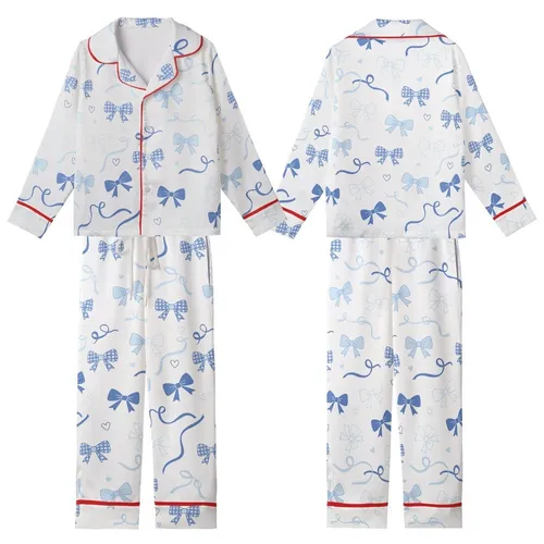 Whimsical Dreamer's Pastel Blue Scattered Bows, Checkerboard Accents & Ribbons Fashion Piece Kid Satin Pajamas Set