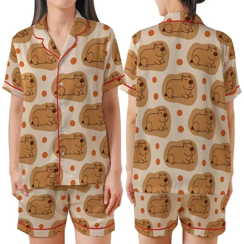 Capybara Lover's Cozy Pattern: Cute Capybara Heads & Orange Pom-Poms - Warm Beige Design Satin Short-Sleeve Pajamas Set