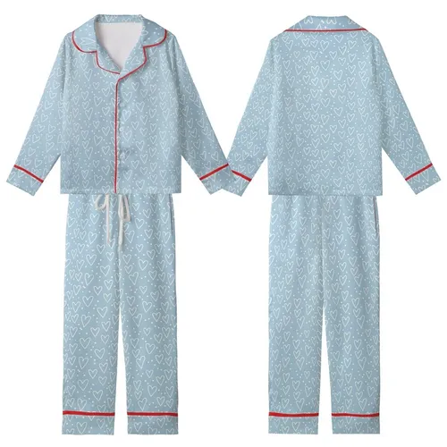 Dreamy Style: Pastel Sky Blue Outline Hearts & Dots Scattered Pattern - Wearable Item Kid Satin Pajamas Set