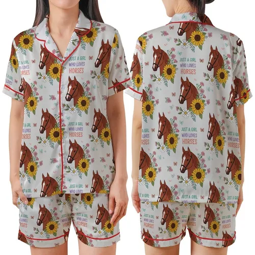 Just a Girl Who Loves Horses: Red Horse Head Floral Butterfly Pattern on Heather Grey Satin Short-Sleeve Pajamas Set