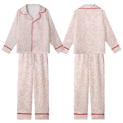 Cozy Aesthetic: Blush Cream Organic Ruffle Flowing Shapes Soft Knit Kid Satin Pajamas Set