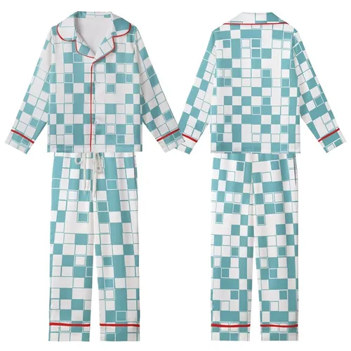Modern Geometry Lover: Vibrant Teal White Rectangular Square Block Design Kid Satin Pajamas Set