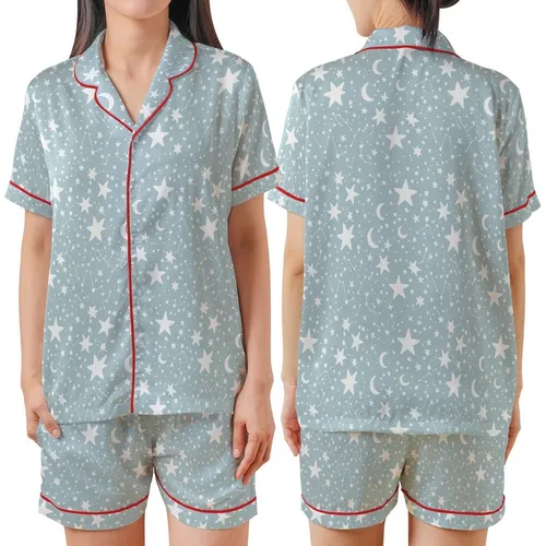 Stargazer's Minimalist White Stars & Moon Pattern - Blue-Grey Celestial Loungewear Satin Short-Sleeve Pajamas Set