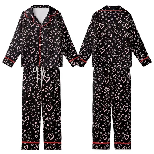 Women's Playful Pink Hearts Design: Imperfect Hand-Drawn Scattered Motif – Black Knit Top Kid Satin Pajamas Set