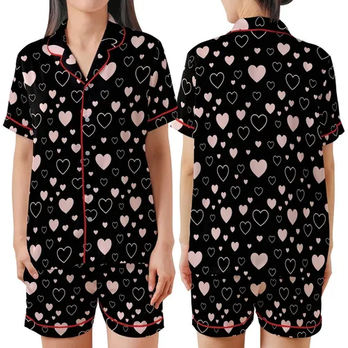 Love-Themed Scattered Light Pink Hearts Solid & Outline on Black Wearable Satin Short-Sleeve Pajamas Set