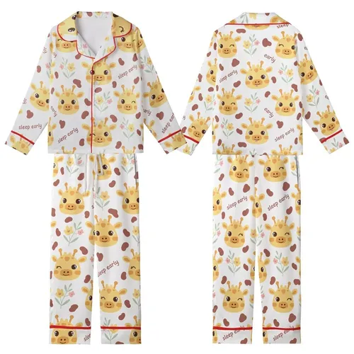 Gentle Baby Giraffe Sleep Set: Red-Brown Spot & Pink Flower Pattern with 'Sleep Early' Text Kid Satin Pajamas Set