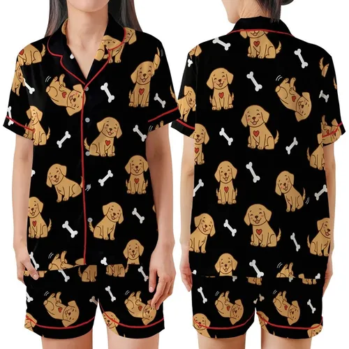 Golden Retriever Lover: Playful Puppies, Rosy Cheeks, Red Hearts & Bones Pattern - Black Background Satin Short-Sleeve Pajamas Set