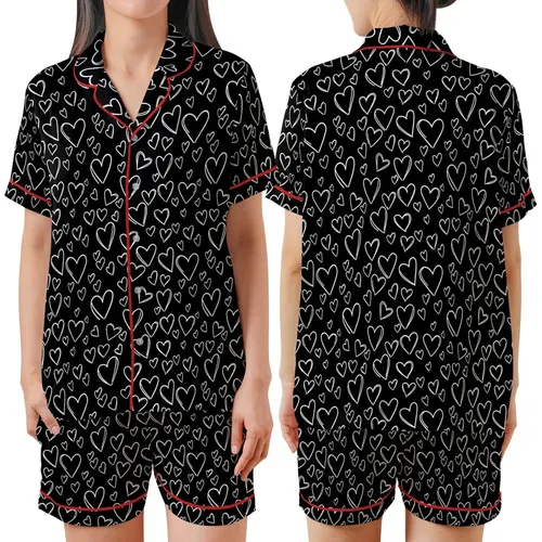 Casual Heart Enthusiast: Scattered White Outline Heart Doodles Black – Everyday Print Design Satin Short-Sleeve Pajamas Set