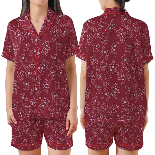 Teddy Bear Lover: Minimalist Outline X-Eyed Bear Repeating Design with Light Blue Nose on Deep Burgundy Wearable Art Piece Satin Short-Sleeve Pajamas Set