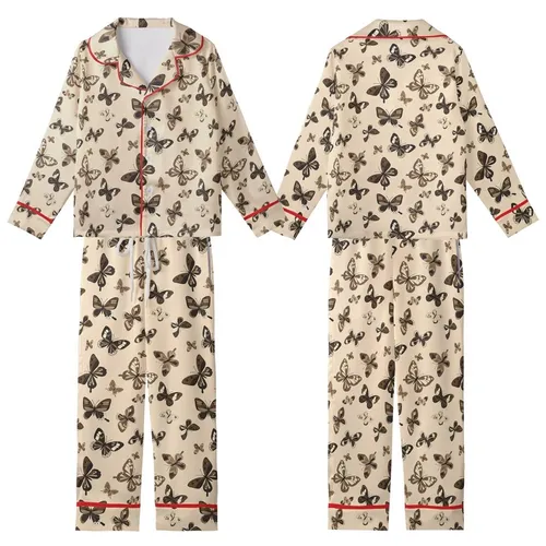 Elegant Style: Delicate Floating Butterflies – Muted Earth Tone Brown & Sepia Wing Motif Kid Satin Pajamas Set