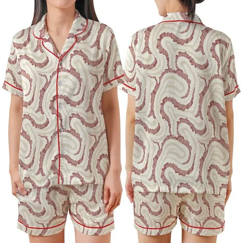 Feminine Style: Soft Plush Undulating Ribbed Texture with Fluid Ruffle Accents - Cream, Rose, Mauve Hues Satin Short-Sleeve Pajamas Set