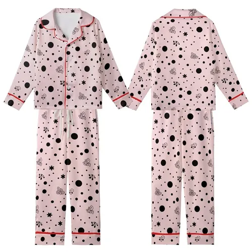 Women's Light Pink Black Polka Dot & Abstract Lace Motif Ensemble Kid Satin Pajamas Set