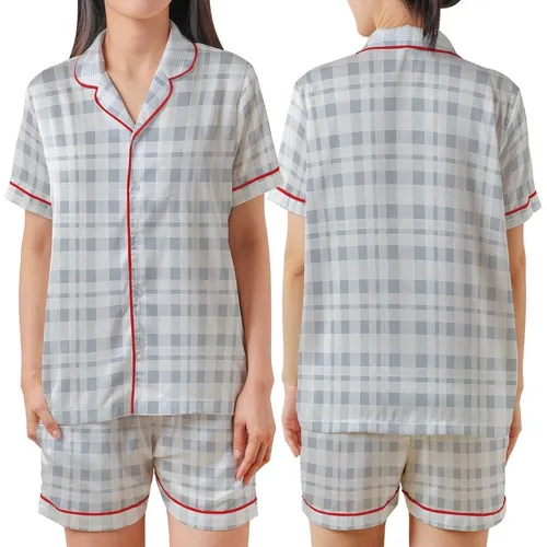 Modern Minimalist: Cool Tone Geometric Grid Stripe Design - Contemporary Fashion Piece Satin Short-Sleeve Pajamas Set