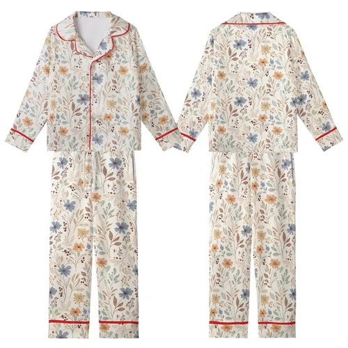Vintage Botanical Creamy Muted Floral & Berry Hand-Drawn Design Kid Satin Pajamas Set