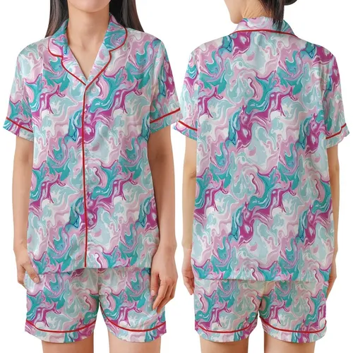 Ethereal Spirit's Abstract Fluid Art: Pastel Pink Blue Teal Fuchsia Marble Swirl Wearable Art Satin Short-Sleeve Pajamas Set