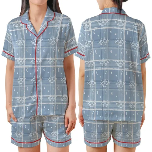 Celestial Dreamer's Stylized Closed Eye & Crescent Moon Design: Muted Dusty Blue Tartan Plaid Satin Short-Sleeve Pajamas Set