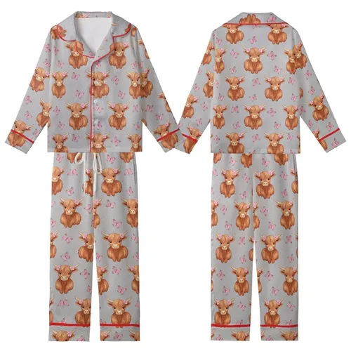 Baby Cow Lover's Reddish-Brown Highland Calf & Delicate Pink Butterfly Heather Grey Pattern Wearable Kid Satin Pajamas Set