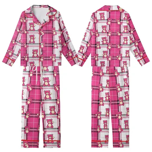 Playful Soul's Loungewear: Vibrant Pink Plaid, Cartoon Bears with Cream Snouts & Hearts Kid Satin Pajamas Set
