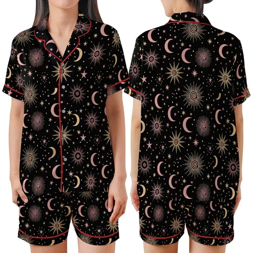 Stargazer's Golden & Rose Celestial Sun Moon Star Pattern - Deep Black Wearable Satin Short-Sleeve Pajamas Set