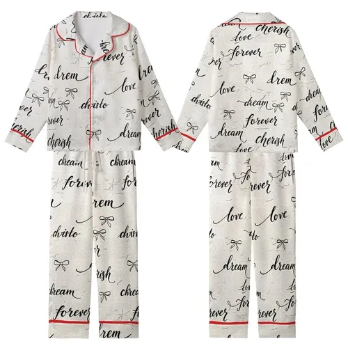 Romantic Soul's Ecru & Black Calligraphy Script: Love, Dream, Cherish Filigree Keepsake Kid Satin Pajamas Set