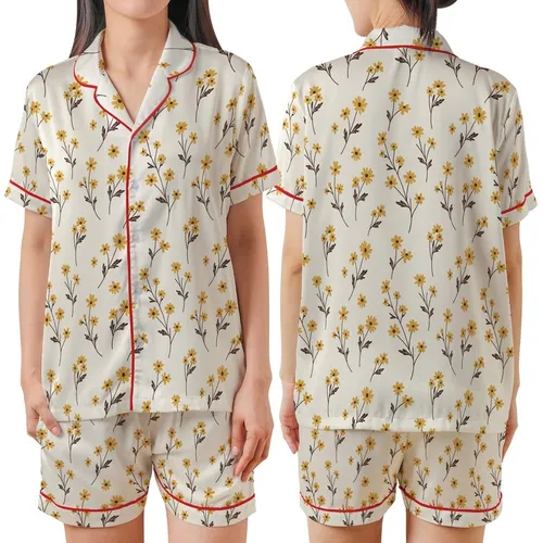 Delicate Wildflower Motif: Hand-Drawn Daisy Blossoms, Creamy Goldenrod & Dark Brown Satin Short-Sleeve Pajamas Set