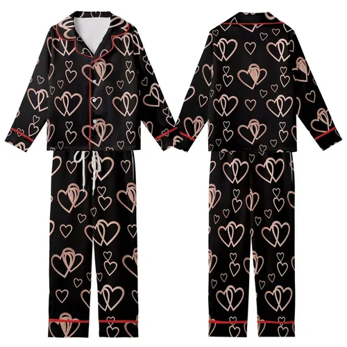 Elegant Style: Overlapping Rose Gold Copper Heart Motifs Black Pattern Kid Satin Pajamas Set