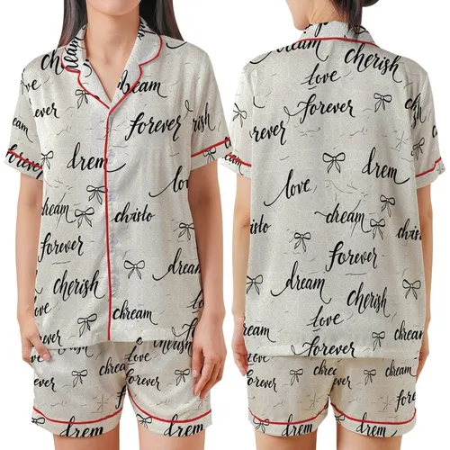 Romantic Soul's Ecru & Black Calligraphy Script: Love, Dream, Cherish Filigree Keepsake Satin Short-Sleeve Pajamas Set