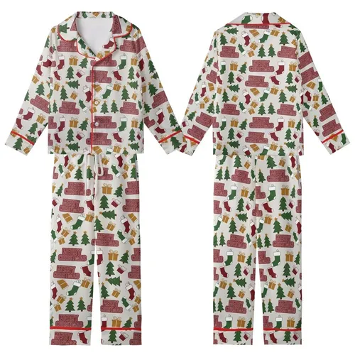 Festive Celebrator's Merry Christmas Text Tree Present Stocking All-Over Pattern Fabric Kid Satin Pajamas Set