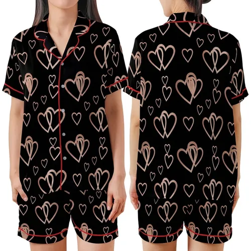 Elegant Style: Overlapping Rose Gold Copper Heart Motifs Black Pattern Satin Short-Sleeve Pajamas Set