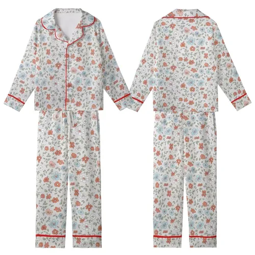 Delicate Floral Dream: Muted Terracotta Blue Pink Blossom & Vine Motif on Silver-Grey - Wearable Fabric Satin Short-Sleeve Pajamas Set