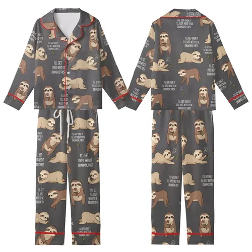 Sloth Lover's Dramatic Cartoon Sloth 'I'll Get Over It' Text Pattern Casual Wear Kid Satin Pajamas Set