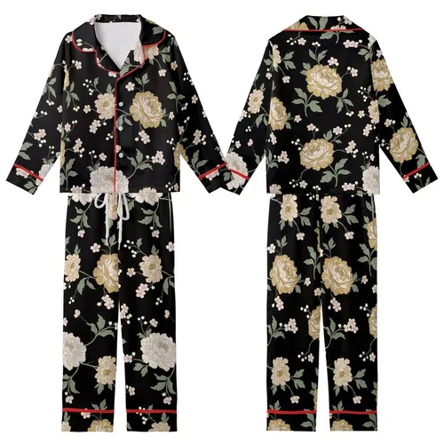 Elegant Floral Embellishment: Peony & Cherry Blossom Motif - Deep Black, Muted Gold & Sage Palette Kid Satin Pajamas Set