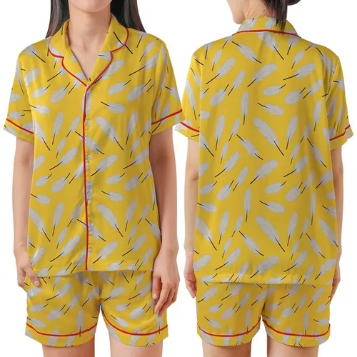 Playful Spirit: Light Warm Grey Feathers on Vibrant Yellow Wearable Satin Short-Sleeve Pajamas Set